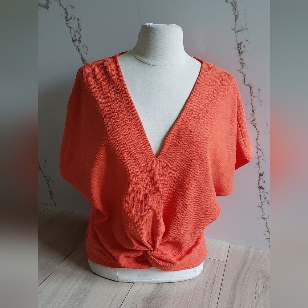 Zara Coral-Orange V-Neck Knot Front Blouse